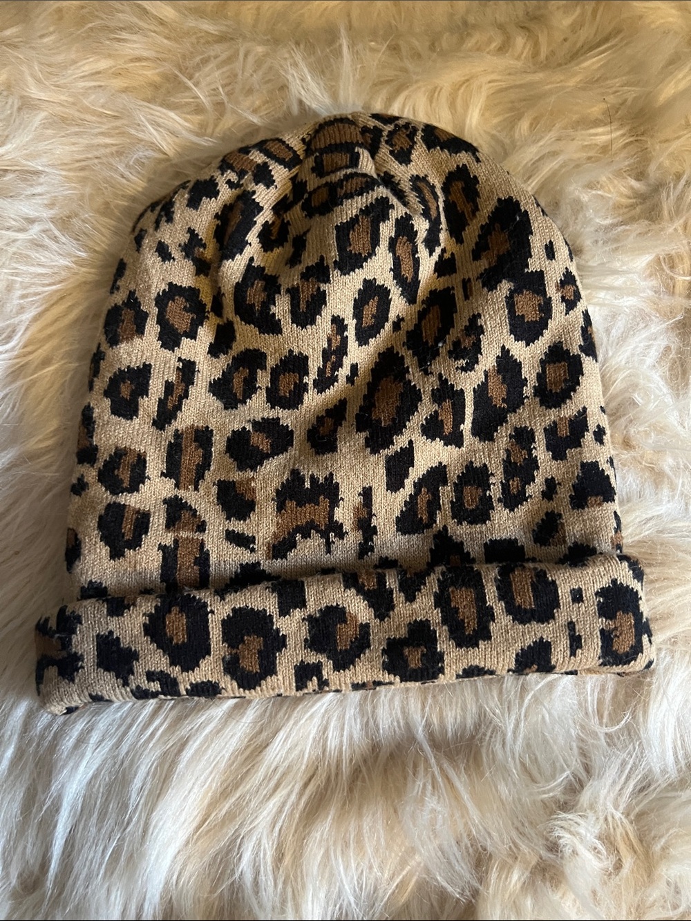 Leopard Print Knit Beanie in Tan and Black